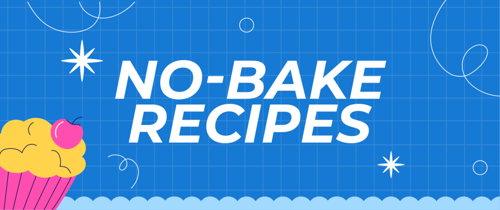 No-bake recipes with a colorful cupcake illustration and blue background