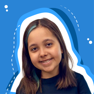 A smiling girl with brown hair and blue highlights against a blue background